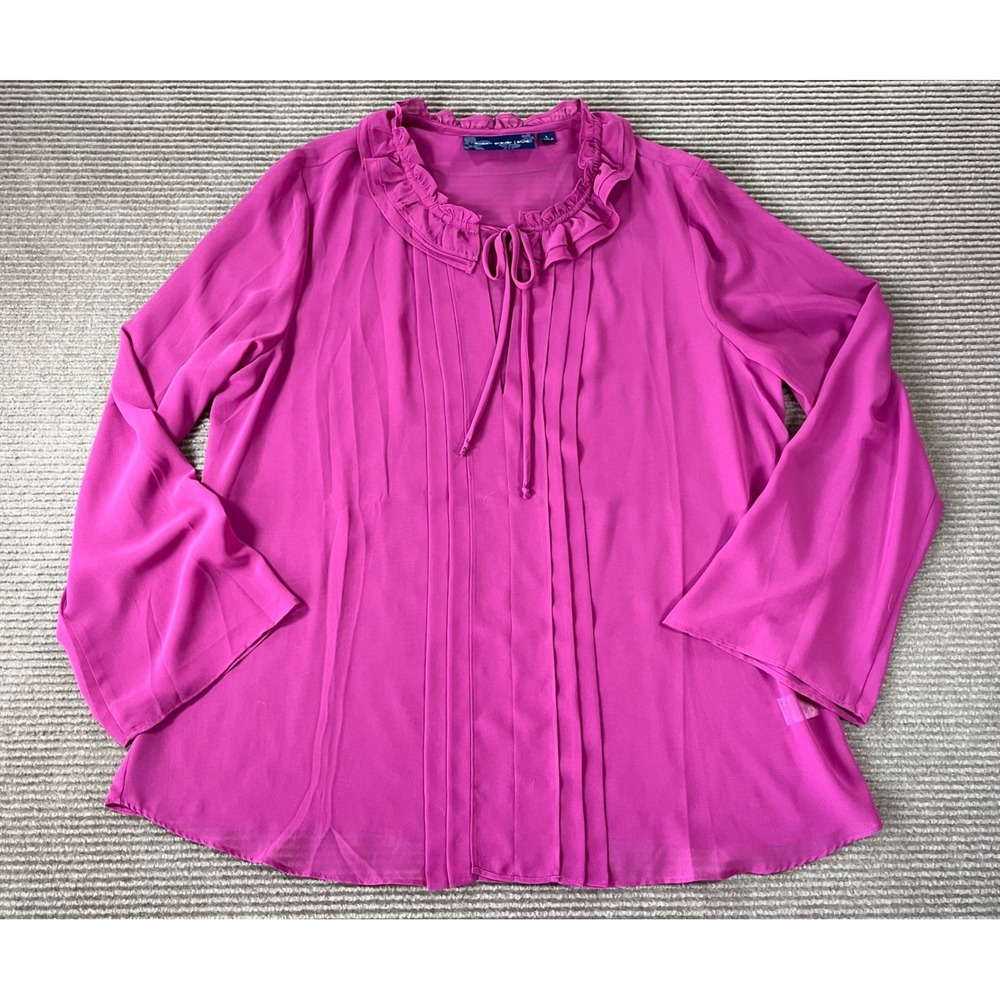 Susan Graver Style Magenta Pink‎ Pintuck Ruffle Tie Neck Blouse Womens Large
